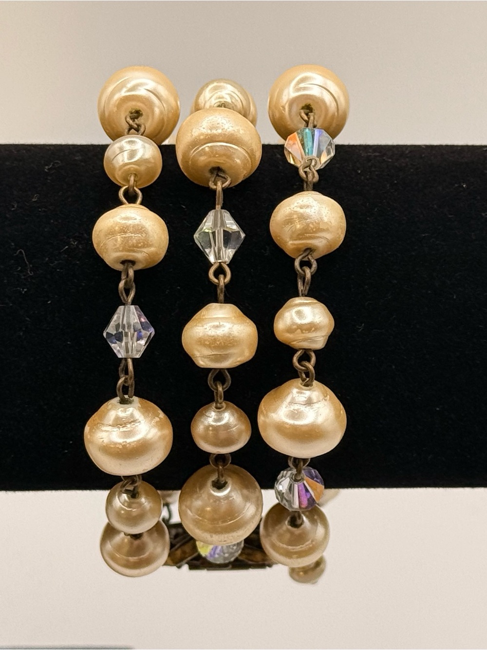 Sweet Romance Fresh Water Pearl Triple Strand Bracelet with Crystal Drops